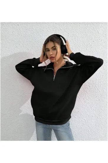 Kadın 3 iplik Pamuklu Uzun Kol Yarım Farmuarlı Yakalı SweatShirt - Siyah Kadın 3 iplik Pamuklu Uzun Kol Yarım Farmuarlı Yakalı SweatShirt - Siyah