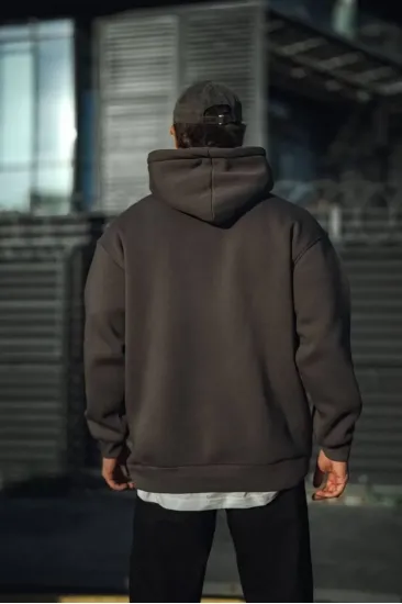 Erkek 3 İplik Pamuklu Kapüşonlu Basic SweatShirt Hoodie - Füme Erkek 3 İplik Pamuklu Kapüşonlu Basic SweatShirt Hoodie - Füme