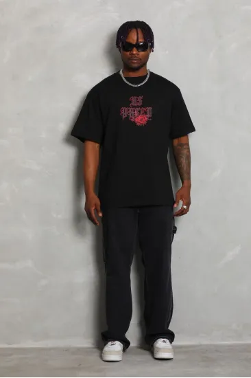 Erkek Baskılı Tişört Kısa Kol Bisiklet Yaka Oversize T-Shirt - Siyah Erkek Baskılı Tişört Kısa Kol Bisiklet Yaka Oversize T-Shirt - Siyah