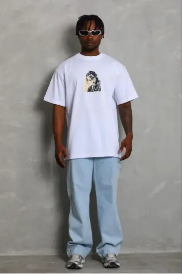 Erkek Baskılı T-Shirt Kısa Kol Bisiklet Yaka Regular Fit Tişört - Beyaz Erkek Baskılı T-Shirt Kısa Kol Bisiklet Yaka Regular Fit Tişört - Beyaz