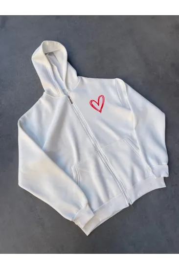 Kadın 3 İplik Pamuklu Fermuarlı Kapüşonlu Sweatshirt hoodie Hırka - Beyaz