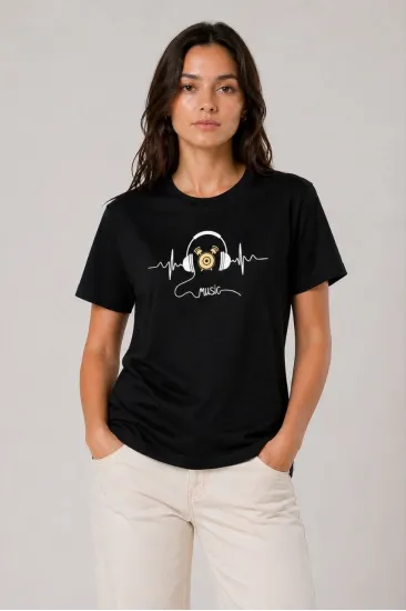 Kadın Müzik Temalı Baskılı Tişört Bisiklet Yaka Kısa Kol T-Shirt - Siyah Kadın Müzik Temalı Baskılı Tişört Bisiklet Yaka Kısa Kol T-Shirt - Siyah