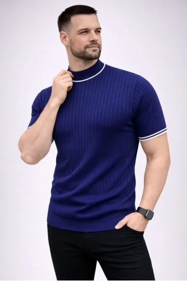Erkek Fitilli Triko Dokuma Kısa Kol Tişört Yarım Boğaz Modern Yazlık T-Shirt - Lacivert Erkek Fitilli Triko Dokuma Kısa Kol Tişört Yarım Boğaz Modern Yazlık T-Shirt - Lacivert