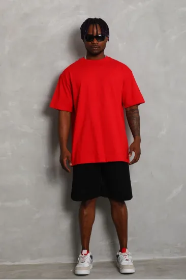 Erkek Düz Yazlık Kısa Kol Tişört Bisiklet Yaka Oversize T-Shirt - Kırmızı Erkek Düz Yazlık Kısa Kol Tişört Bisiklet Yaka Oversize T-Shirt - Kırmızı