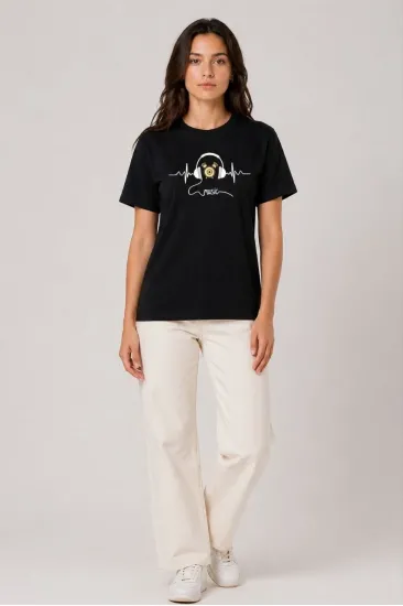 Kadın Müzik Temalı Baskılı Tişört Bisiklet Yaka Kısa Kol T-Shirt - Siyah Kadın Müzik Temalı Baskılı Tişört Bisiklet Yaka Kısa Kol T-Shirt - Siyah