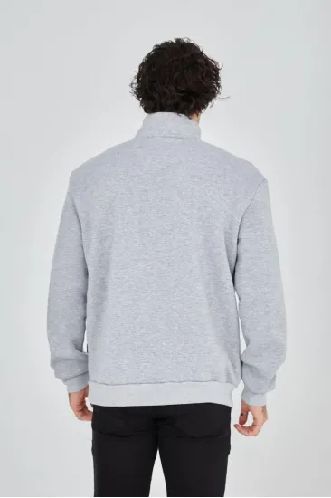 Erkek Yarım Fermuarlı Baskılı 3 iplik pamuklu sweatshirt - Gri Erkek Yarım Fermuarlı Baskılı 3 iplik pamuklu sweatshirt - Gri