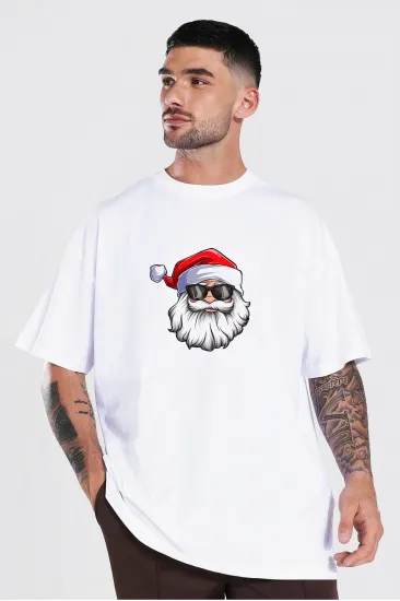 Yılbaşı Gözlüklü Noel Baba Baskılı Kısa Kollu Oversize Bisiklet Yaka T-shirt - Beyaz Yılbaşı Gözlüklü Noel Baba Baskılı Kısa Kollu Oversize Bisiklet Yaka T-shirt - Beyaz