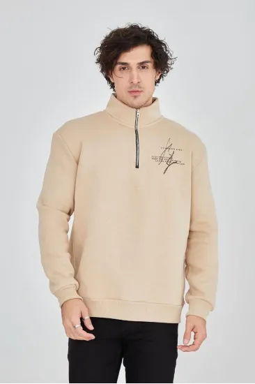Erkek Yarım Fermuarlı Baskılı 3 iplik pamuklu sweatshirt - Bej Erkek Yarım Fermuarlı Baskılı 3 iplik pamuklu sweatshirt - Bej