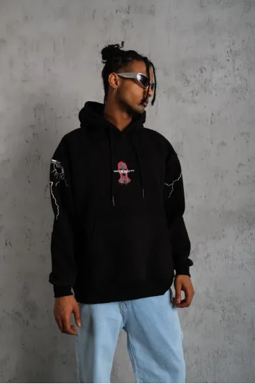 Erkek Kapüşonlu Kanguru Cepli Sweatshirt 3 İplik Pamuklu Baskılı Hoodie - Siyah Erkek Kapüşonlu Kanguru Cepli Sweatshirt 3 İplik Pamuklu Baskılı Hoodie - Siyah