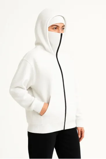 Kadın Samuray Ninja Çift Kapüşonlu Maske Detaylı 3 İplik Hoodie - Beyaz Kadın Samuray Ninja Çift Kapüşonlu Maske Detaylı 3 İplik Hoodie - Beyaz