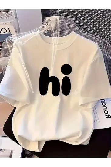 Kadın Kısa Kol Yazlık Tişört Bisiklet Yaka hi Baskılı T-Shirt - Beyaz Kadın Kısa Kol Yazlık Tişört Bisiklet Yaka hi Baskılı T-Shirt - Beyaz