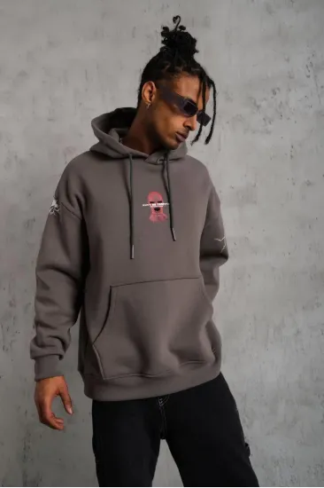 Erkek 3 İplik Pamuklu Kapüşonlu Baskılı Cepli Oversize Sweatshirt Hoodie - Gri Erkek 3 İplik Pamuklu Kapüşonlu Baskılı Cepli Oversize Sweatshirt Hoodie - Gri