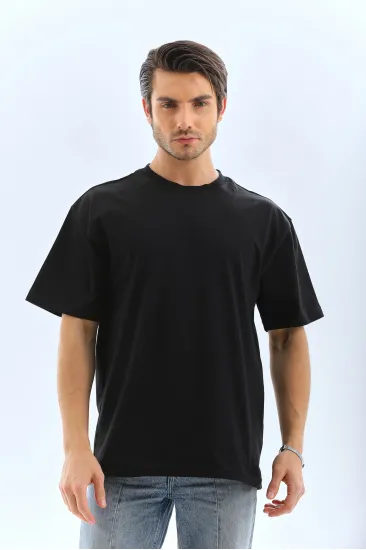 Erkek Düz Yazlık Kısa Kol Tişört Bisiklet Yaka Oversize T-Shirt - Siyah Erkek Düz Yazlık Kısa Kol Tişört Bisiklet Yaka Oversize T-Shirt - Siyah