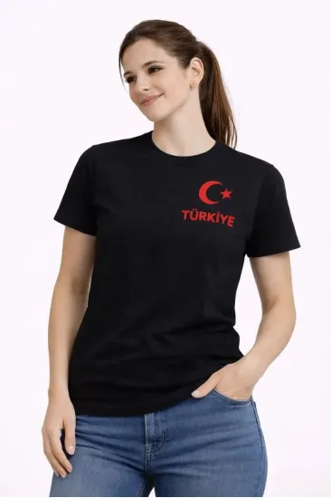 Kadın TÜRKİYE Ay Yıldız Baskılı Taraftar Forma T-Shirt - Siyah Kadın TÜRKİYE Ay Yıldız Baskılı Taraftar Forma T-Shirt - Siyah