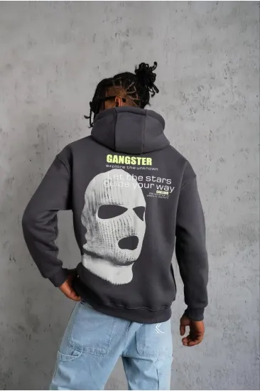 Erkek Baskılı Kapüşonlu 3 iplik pamuklu hoodie Sweatshirt - Gri Erkek Baskılı Kapüşonlu 3 iplik pamuklu hoodie Sweatshirt - Gri