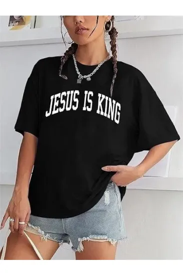 Kadın Baskılı T-Shirt Kısa Kol Bisiklet Yaka Oversize Rahat Kalıp Tişört - Siyah Kadın Baskılı T-Shirt Kısa Kol Bisiklet Yaka Oversize Rahat Kalıp Tişört - Siyah