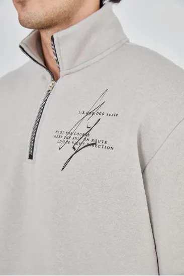 Erkek Yarım Fermuarlı Baskılı 3 iplik pamuklu sweatshirt - Boyalı Gri Erkek Yarım Fermuarlı Baskılı 3 iplik pamuklu sweatshirt - Boyalı Gri