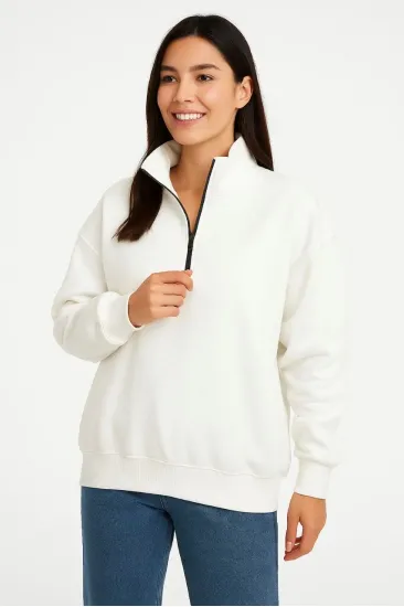 Kadın 3 İplik Pamuklu Dık Yaka Yarım Fermuarlı SweatShirt - Beyaz Kadın 3 İplik Pamuklu Dık Yaka Yarım Fermuarlı SweatShirt - Beyaz