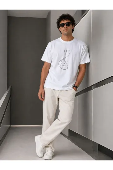 Erkek Minimal Gitar Baskılı Tişört T-Shirt Yazlık Kısa Kol Bisiklet Yaka T-Shirt - Beyaz Erkek Minimal Gitar Baskılı Tişört T-Shirt Yazlık Kısa Kol Bisiklet Yaka T-Shirt - Beyaz