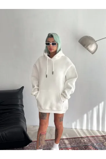 Kadın Kapüşonlu Kanguru Cepli 3 İplik Pamuklu Oversize Hoodie Sweatshirt - Beyaz Kadın Kapüşonlu Kanguru Cepli 3 İplik Pamuklu Oversize Hoodie Sweatshirt - Beyaz