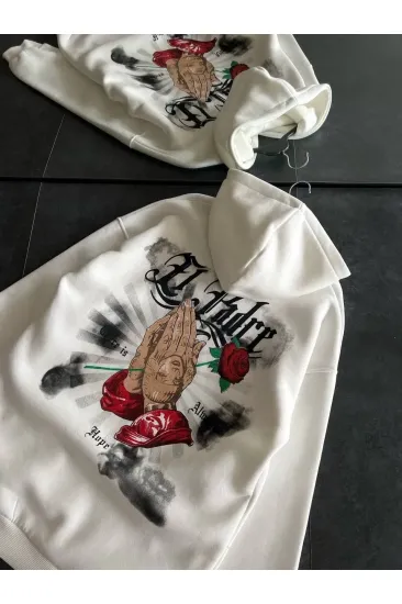Kadın Oversize Kapüşonlu Cepli Baskılı 3 İplik Pamuklu Hoodie Sweatshirt - Beyaz Kadın Oversize Kapüşonlu Cepli Baskılı 3 İplik Pamuklu Hoodie Sweatshirt - Beyaz
