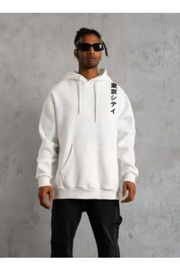 Erkek 3 İplik Pamuklu Kapüşonlu Baskılı Cepli Oversize Sweatshirt Hoodie - Beyaz