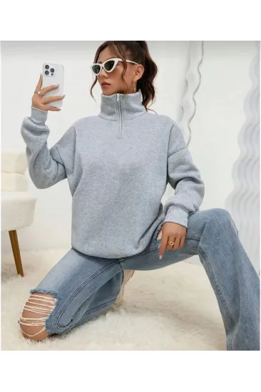 Kadın 3 iplik Pamuklu Uzun Kol Yarım Farmuarlı Yakalı SweatShirt - Gri Kadın 3 iplik Pamuklu Uzun Kol Yarım Farmuarlı Yakalı SweatShirt - Gri