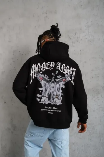 Erkek 3 İplik Pamuklu Baskılı Kapüşonlu Cepli Sweatshirt Hoodie - Siyah Erkek 3 İplik Pamuklu Baskılı Kapüşonlu Cepli Sweatshirt Hoodie - Siyah