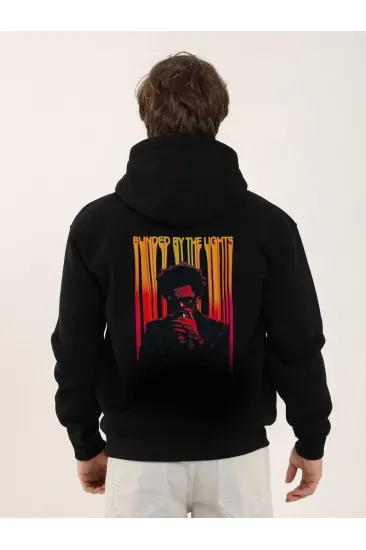 Erkek 3 İplik Pamuklu Kapüşonlu Baskılı Cepli Oversize Sweatshirt Hoodie - Siyah