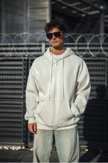 Erkek Tam Fermuarlı Cepli Kapüşonlu 3 iplik pamuklu hoodie Sweatshirt - Beyaz Erkek Tam Fermuarlı Cepli Kapüşonlu 3 iplik pamuklu hoodie Sweatshirt - Beyaz