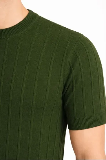 Erkek Yazlık Fitilli Triko Tişört Kısa Kol Bisiklet Yaka T-Shirt - Haki Erkek Yazlık Fitilli Triko Tişört Kısa Kol Bisiklet Yaka T-Shirt - Haki