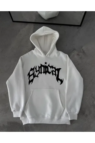 Kadın Kapüşonlu Kanguru Cepli Sweatshirt 3 İplik Pamuklu Baskılı Hoodie - Beyaz Kadın Kapüşonlu Kanguru Cepli Sweatshirt 3 İplik Pamuklu Baskılı Hoodie - Beyaz