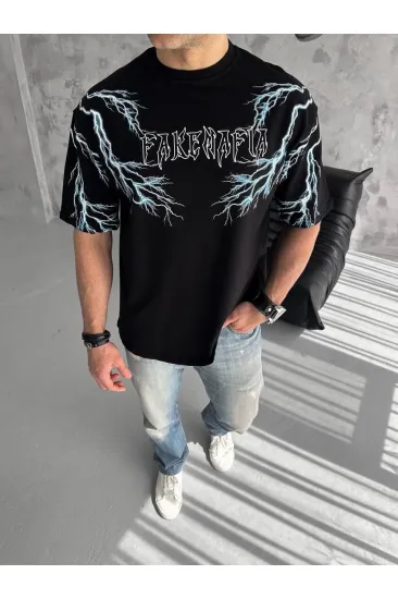 Erkek Bisiklet Yaka Tişört Yıldırım Şimşek Baskılı Kısa Kol T-Shirt -Siyah Erkek Bisiklet Yaka Tişört Yıldırım Şimşek Baskılı Kısa Kol T-Shirt -Siyah
