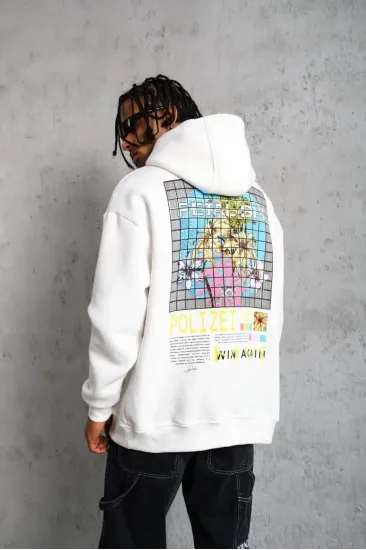 Erkek 3 İplik Pamuklu Kapüşonlu Baskılı Cepli Oversize Sweatshirt Hoodie - Beyaz Erkek 3 İplik Pamuklu Kapüşonlu Baskılı Cepli Oversize Sweatshirt Hoodie - Beyaz