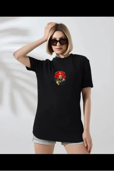 Kadın Bisiklet Yaka Baskılı kısa kol T-Shirt - Siyah Kadın Bisiklet Yaka Baskılı kısa kol T-Shirt - Siyah