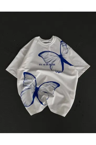 kadın Bisiklet Yaka Baskılı Oversize T-Shirt - Beyaz kadın Bisiklet Yaka Baskılı Oversize T-Shirt - Beyaz