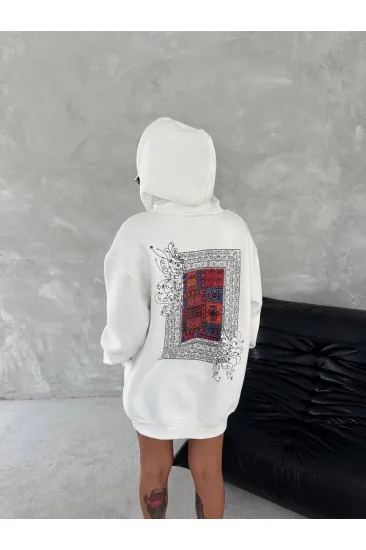 Kadın Kapüşonlu Kanguru Cepli Sweatshirt 3 İplik Pamuklu Baskılı Hoodie - Beyaz Kadın Kapüşonlu Kanguru Cepli Sweatshirt 3 İplik Pamuklu Baskılı Hoodie - Beyaz