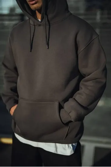 Erkek 3 İplik Pamuklu Kapüşonlu Basic SweatShirt Hoodie - Füme Erkek 3 İplik Pamuklu Kapüşonlu Basic SweatShirt Hoodie - Füme
