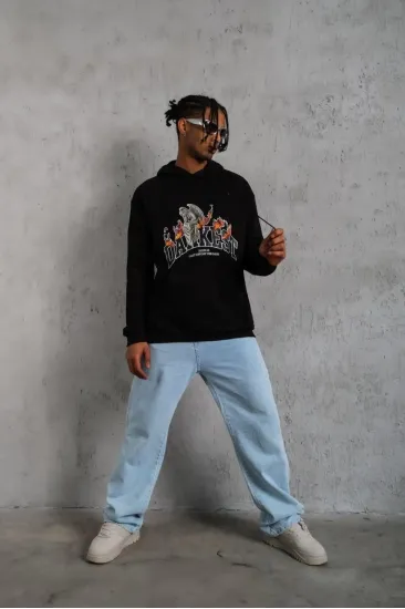 Erkek 3 İplik Pamuklu Kapüşonlu Baskılı Cepli Oversize Sweatshirt Hoodie - Siyah Erkek 3 İplik Pamuklu Kapüşonlu Baskılı Cepli Oversize Sweatshirt Hoodie - Siyah