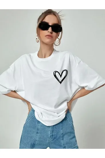 Kadın Tişört Bisiklet Yaka Baskılı Oversize T-Shirt - Beyaz Kadın Tişört Bisiklet Yaka Baskılı Oversize T-Shirt - Beyaz