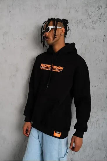 Erkek 3 İplik Pamuklu Kapüşonlu Baskılı Cepli Oversize Sweatshirt Hoodie - Siyah Erkek 3 İplik Pamuklu Kapüşonlu Baskılı Cepli Oversize Sweatshirt Hoodie - Siyah