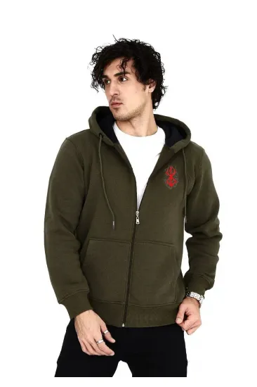 Erkek 3 İplik Pamuklu Kapüşonlu Tam Fermuarlı Cepli Hoodie Sweatshirt - Haki Erkek 3 İplik Pamuklu Kapüşonlu Tam Fermuarlı Cepli Hoodie Sweatshirt - Haki