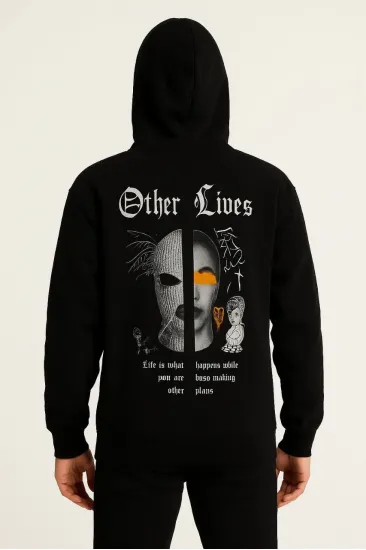 Erkek Kapüşonlu Kanguru Cepli Sweatshirt 3 İplik Pamuklu Baskılı Hoodie - Siyah Erkek Kapüşonlu Kanguru Cepli Sweatshirt 3 İplik Pamuklu Baskılı Hoodie - Siyah