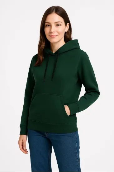 Kadın 3 İplik Pamuklu Kapüşonlu Kanguru Cepli Sweatshirt hoodie - Haki Kadın 3 İplik Pamuklu Kapüşonlu Kanguru Cepli Sweatshirt hoodie - Haki