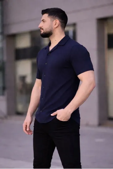 Erkek Waffle Kumaş Kısa Kollu Düğmeli Açık Yaka Regular Fit Gömlek - Lacivert Erkek Waffle Kumaş Kısa Kollu Düğmeli Açık Yaka Regular Fit Gömlek - Lacivert