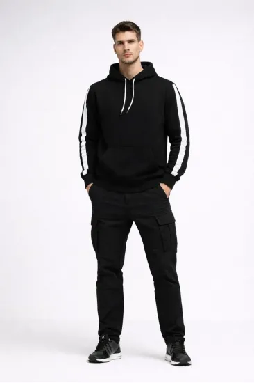 Erkek Şeritli Kapüşonlu Sweatshirt Oversize 3 iplik Pamuklu Hoodie - Siyah Erkek Şeritli Kapüşonlu Sweatshirt Oversize 3 iplik Pamuklu Hoodie - Siyah