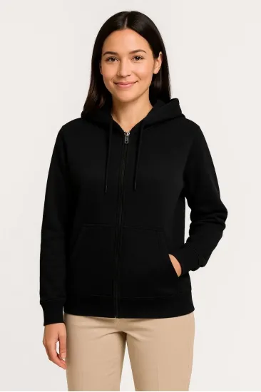 Kadın 3 İplik Kapüşonlu Tam Fermuarlı Kanguru Cepli Sweatshirt Hoodie - Siyah Kadın 3 İplik Kapüşonlu Tam Fermuarlı Kanguru Cepli Sweatshirt Hoodie - Siyah