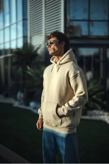 Erkek 3 İplik Pamuklu Kapüşonlu Basic SweatShirt Hoodie - Bej Erkek 3 İplik Pamuklu Kapüşonlu Basic SweatShirt Hoodie - Bej