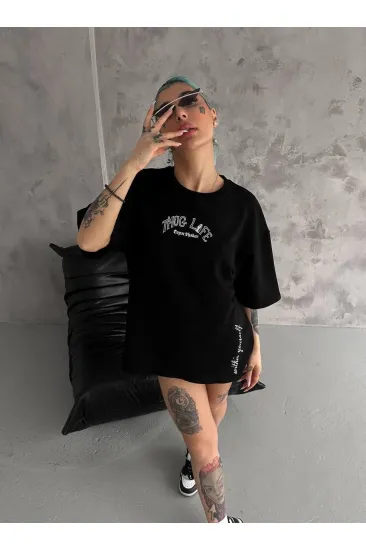 Kadın Kısa Kol Tişört Bisiklet Yaka Filistin Poşülü Baskılı T-Shirt - Siyah Kadın Kısa Kol Tişört Bisiklet Yaka Filistin Poşülü Baskılı T-Shirt - Siyah