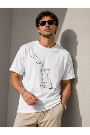 Erkek Minimal Kedi Çizim Baskılı Tişört Kısa Kol Yazlık T-Shirt - Beyaz Erkek Minimal Kedi Çizim Baskılı Tişört Kısa Kol Yazlık T-Shirt - Beyaz